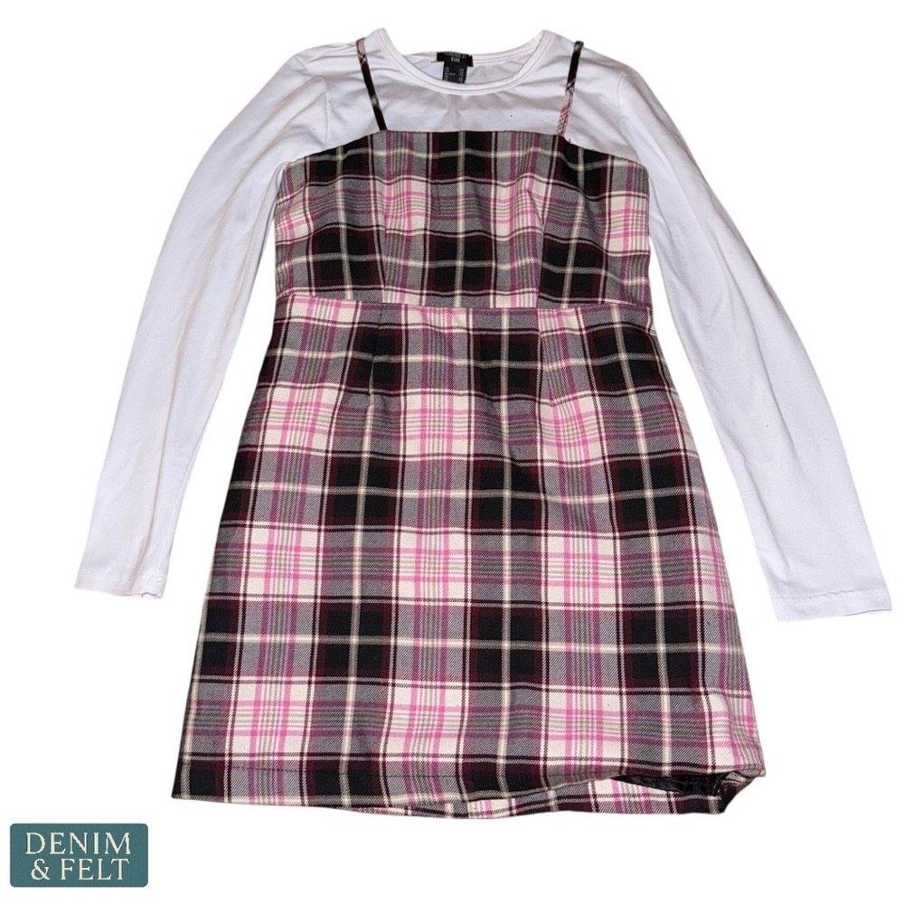 Forever‎ 21 Kids Plaid Jumper Dress w/ White Long Sleeve Top Size 7/8 Girls